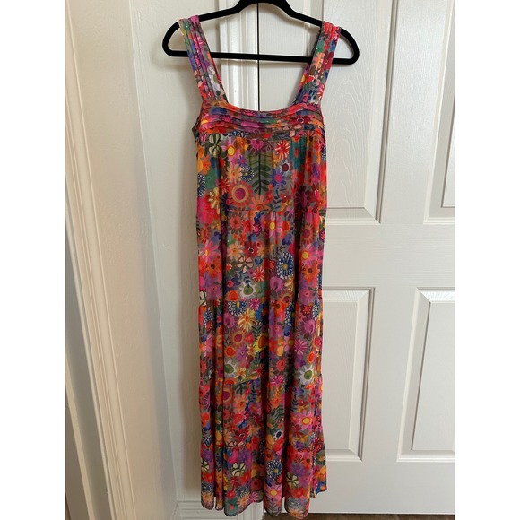 Natural Life Floral Mesh Tiered Maxi Dress Boho Cottagecore Sheer V-Neck Size M - Picture 7 of 9